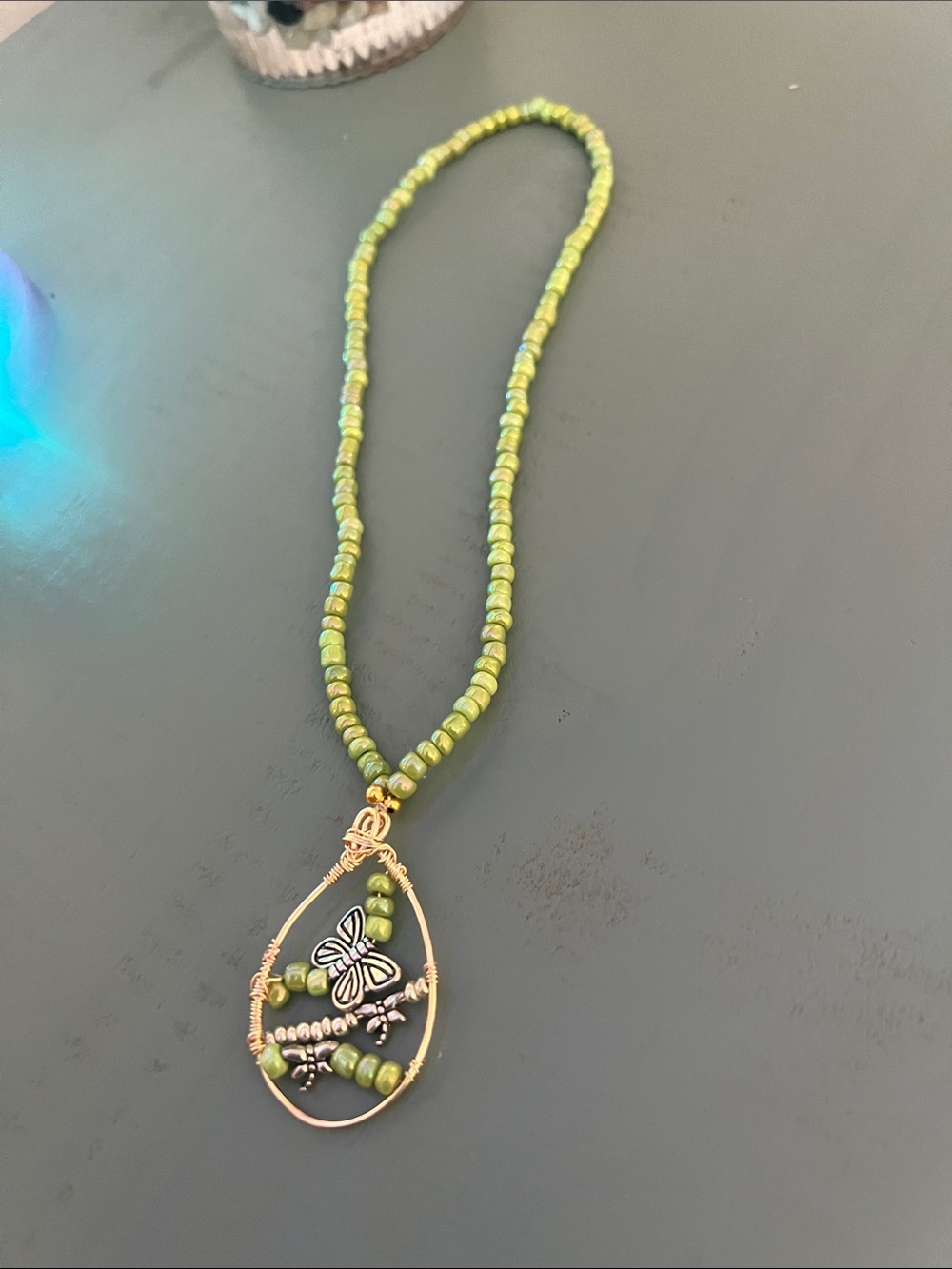Green Beaded Butterfly Pendant Necklace - Unbranded